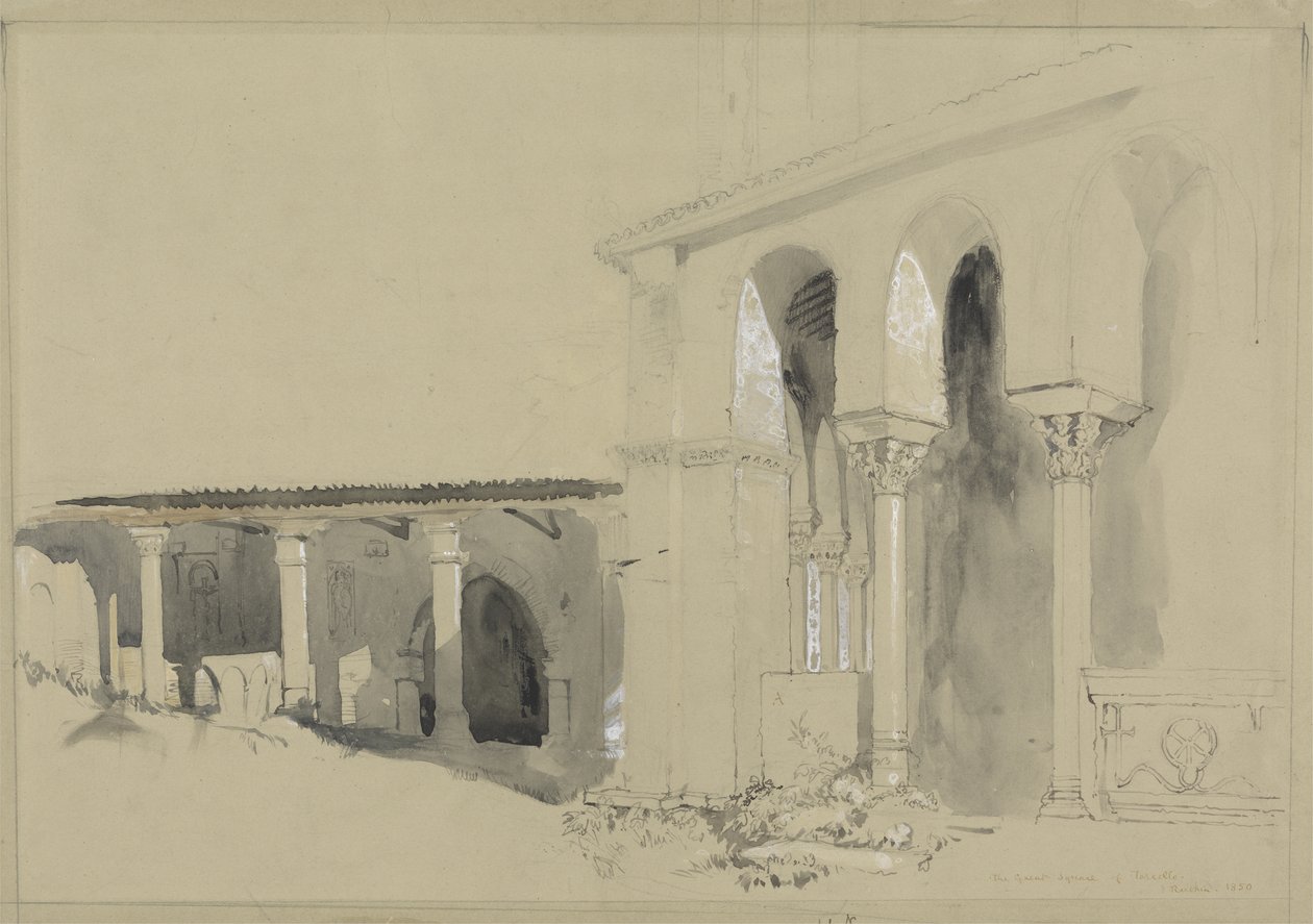 The Great Square at Torcello, 1850 (pen, blæk og vask over grafit med gouache på brunt vævet papir) af John Ruskin