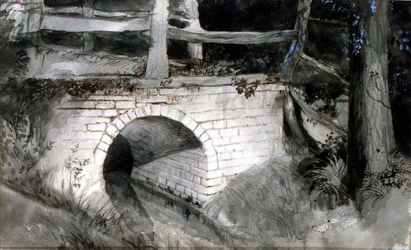 Den lille murstensbro (blæk med vask på papir) af John Ruskin