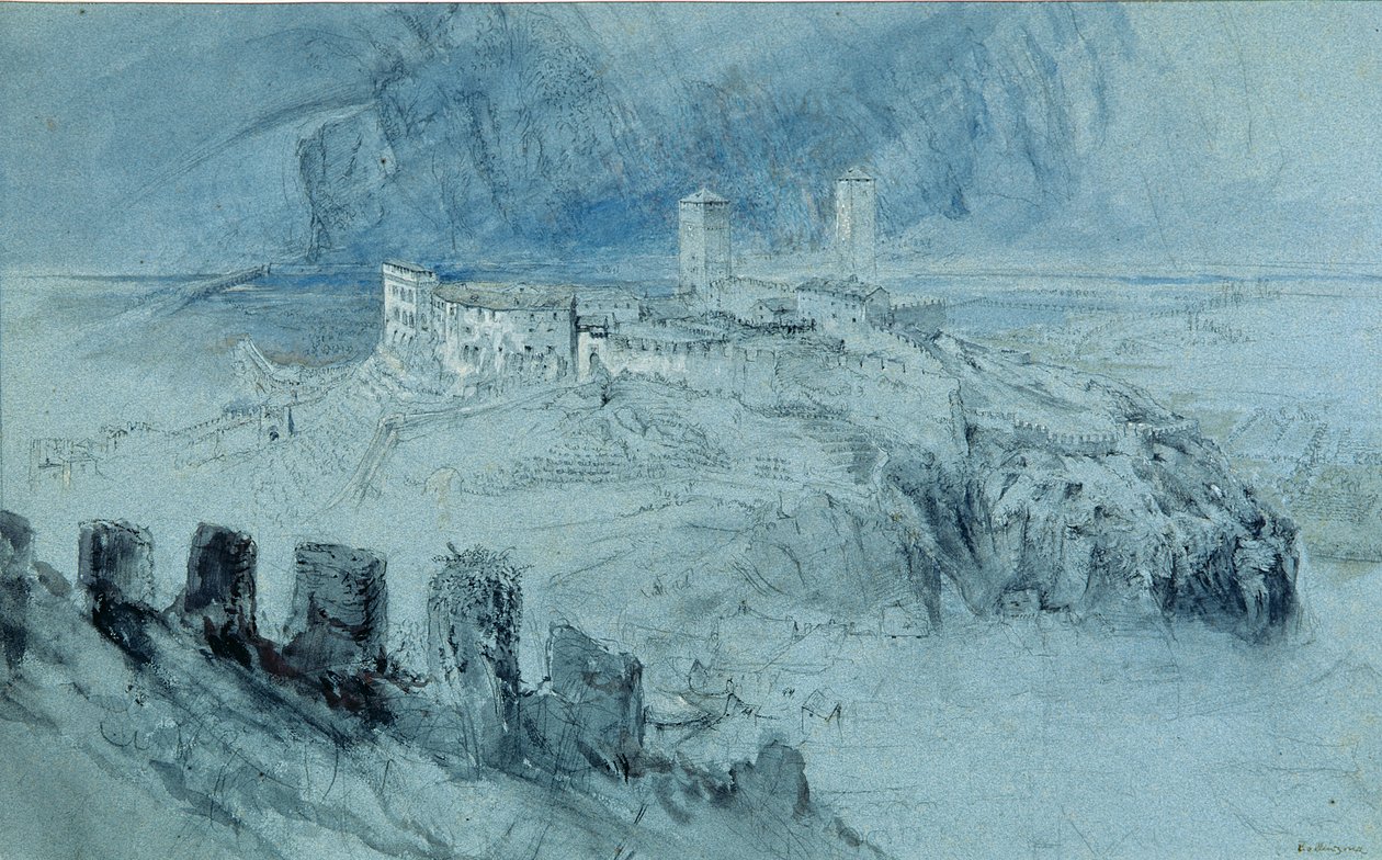 Udsigt over Bellinzona (kul og wc vask på papir) af John Ruskin