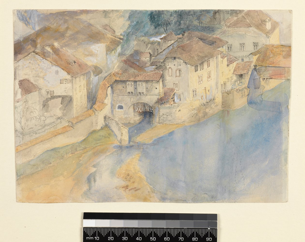 Udsigt over Fribourg, Schweiz, ca. 1854 (blyant, pen & blæk og gouache på papir) af John Ruskin