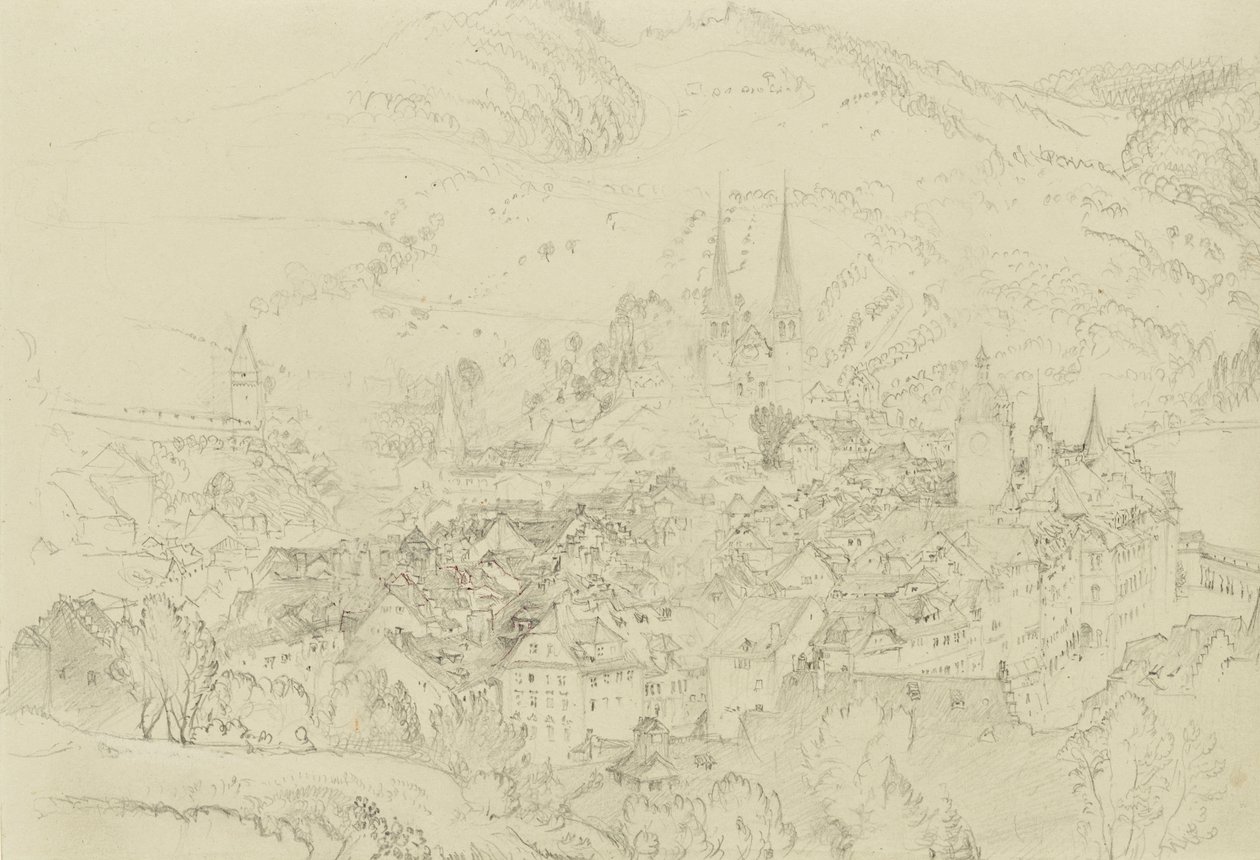Udsigt over Luzern fra oven, oktober-december 1861 (grafit med strejf af pen og blæk på bleggråt vævet papir) af John Ruskin