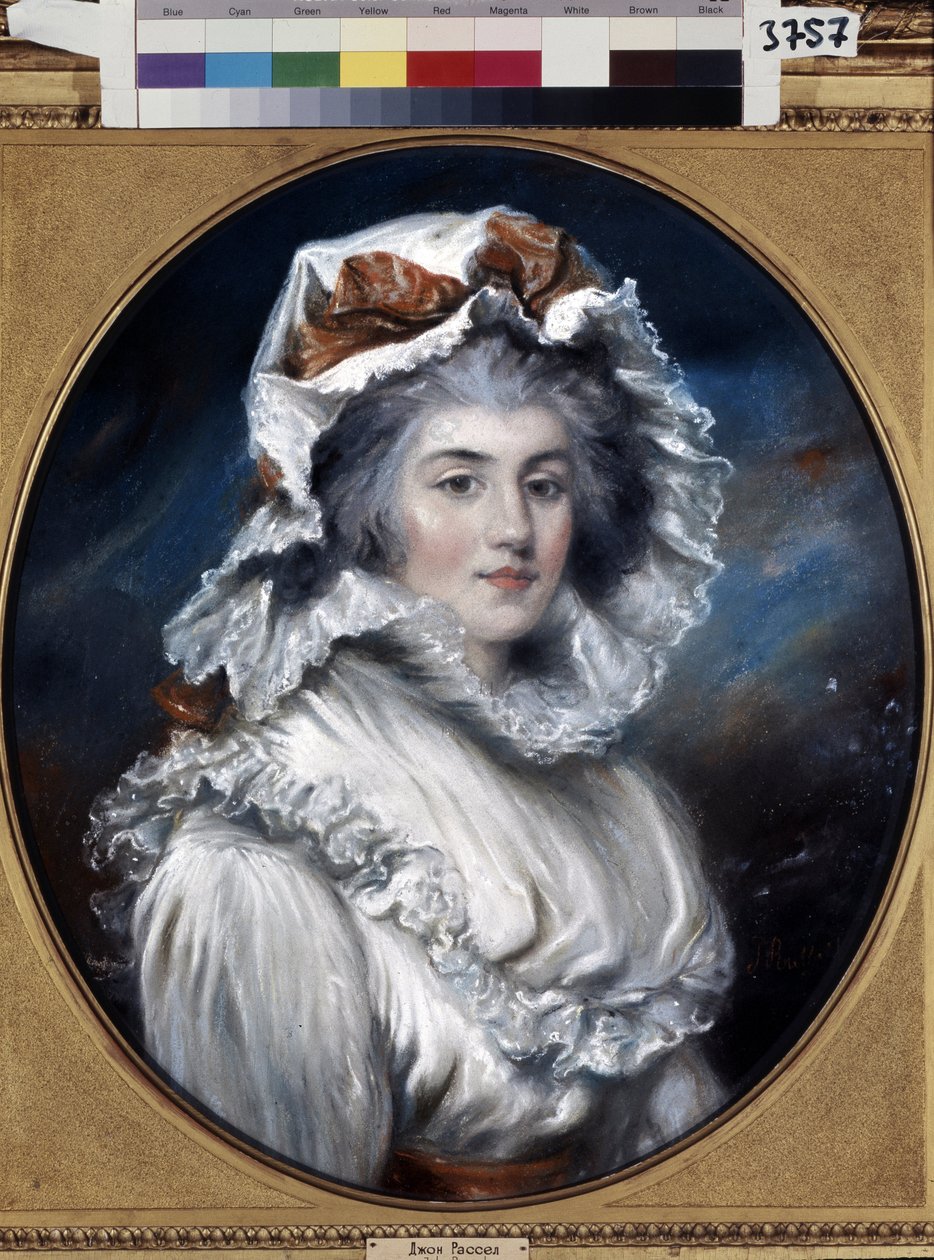 Portræt af en ung kvinde med en kasket (Portræt af en pige i en kasket). Tegning af John Russell (1745-1806). Pastel på papir, anden halvdel af 1700-tallet. Engelsk kunst fra det 18. århundrede. Eremitagemuseet, Sankt Petersborg. af John Russel
