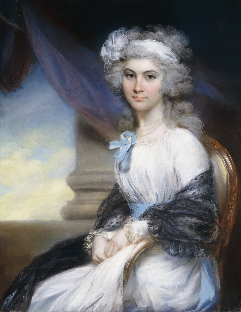 Portræt af frøken Sophia Vansittart, trekvart længde, iført en hvid kjole med et hvidt bånd om sit pulveriserede hår og et sort sjal draperet om hendes skuldre, siddende ved siden af en klassisk søjle, af John Russell