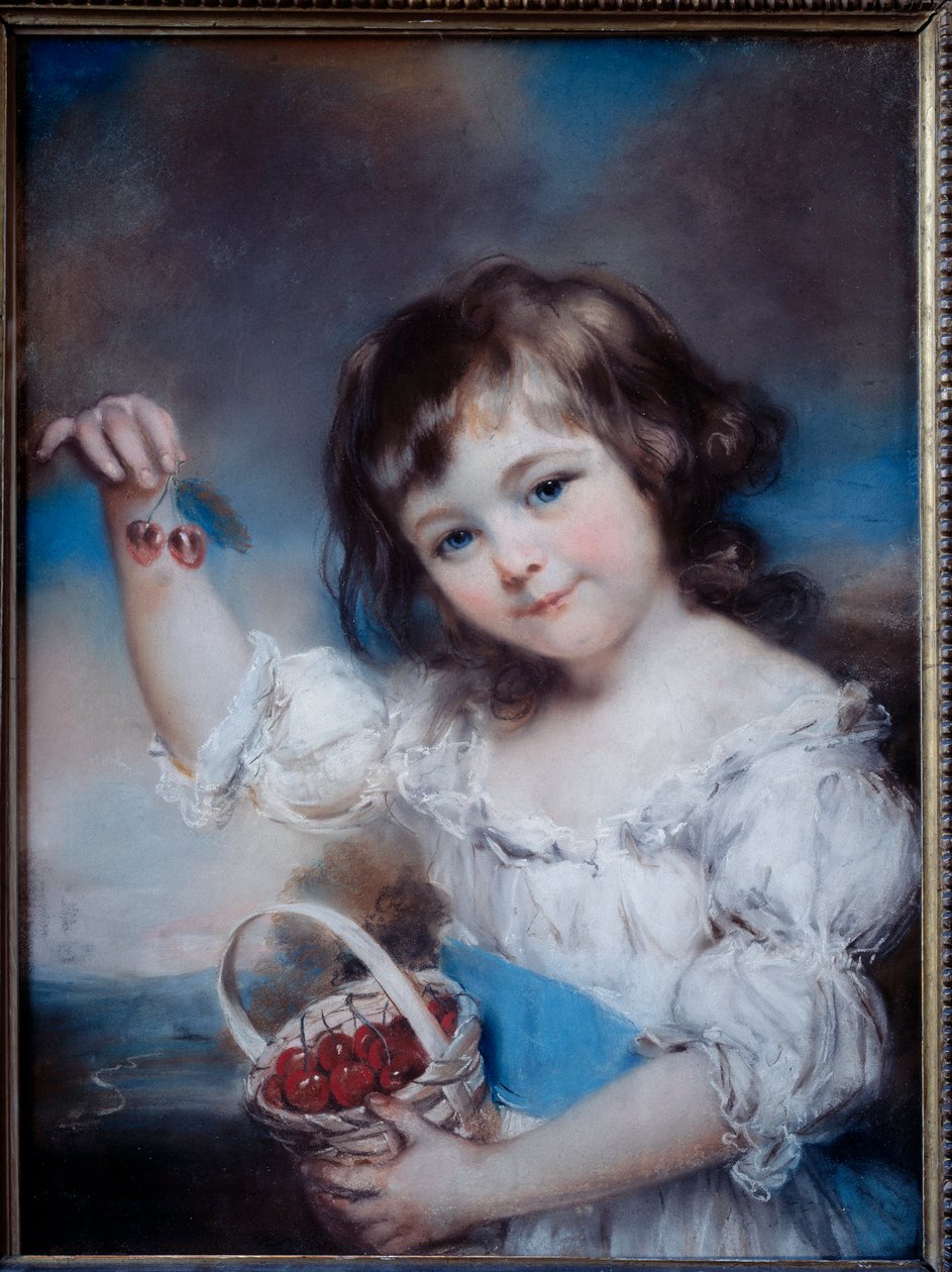 Portræt af en lille pige i kurven med kirsebær, maleri af John Russel (1745-1806) 1800-tallet af John Russell
