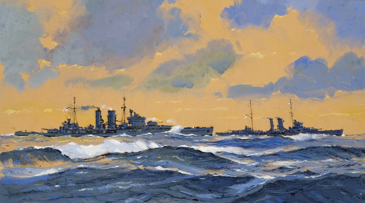 De britiske krydsere HMS Exeter og HMS York (gouache på papir) af John S. Smith