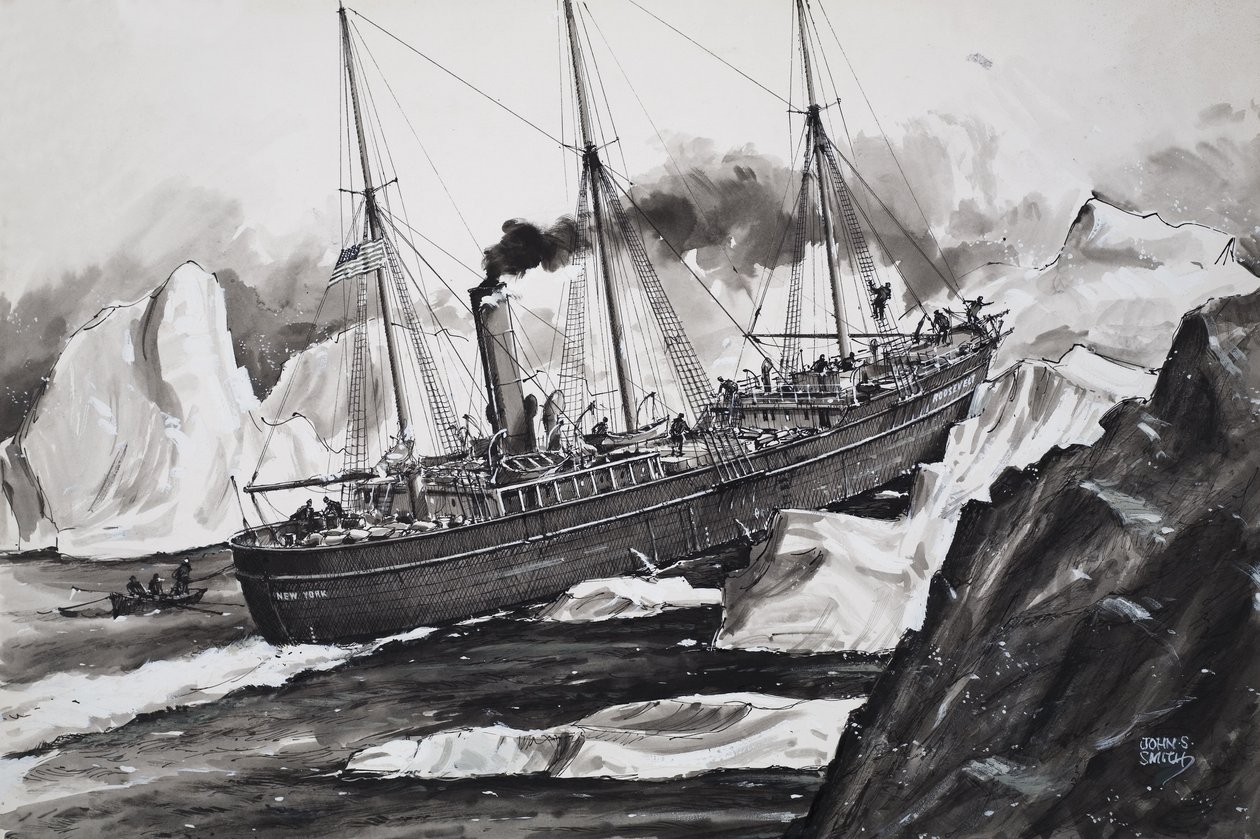 Roosevelt smadrer gennem isen for at komme til Nordpolen (gouache på papir) af John S. Smith