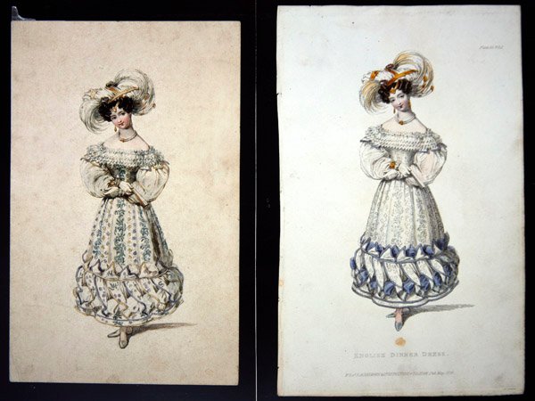 Skitse og tryk af en modeplade, ca. 1829 (blyant og akvarel på papir og håndkoloreret gravering) af John Samuel Agar