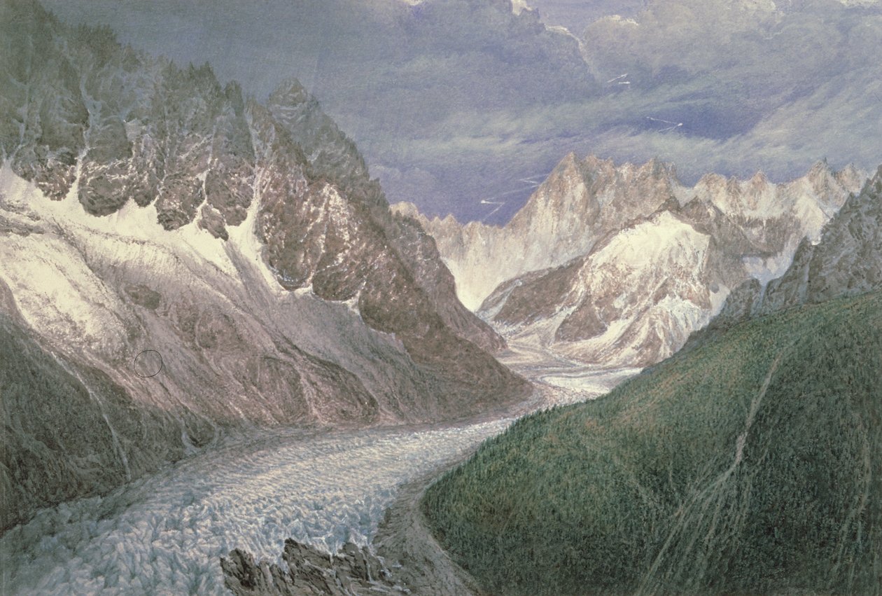 Udsigt over Mer de Glace med Aiguille du Moine til venstre og Grandes Jorasses i det fjerne til højre, 1800-tallet af John Scandrett Harford