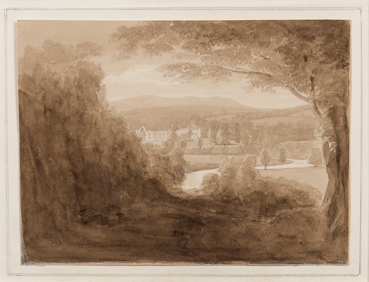 Bolton Abbey, Yorkshire, 25-27 oktober 1824 (blyant, pensel og sepia blæk på papir) af John Scarlett Davis