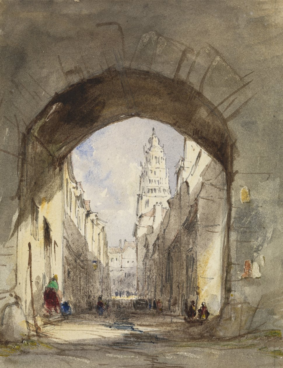 Gadescene i Calais (wc med ridser ud over grafit på papir) af John Scarlett Davis