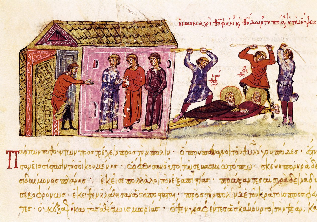 Munkene Saint Theophanes the Confessor (ca. 759-818) og Saint Theodore the Studite (759-826) piskede på ordre af kejser Theophile, miniature fra "Synopsis historiarum", ca. 1126-1150 af John Scylitzes