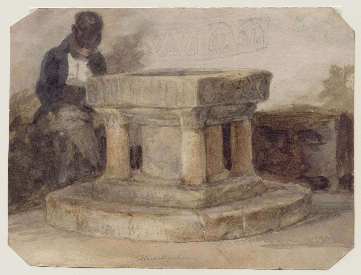 The Font of New Shoreham Church, West Sussex, med kunstneren, William Scott fra Brighton, der sover af John Sell (style of) Cotman