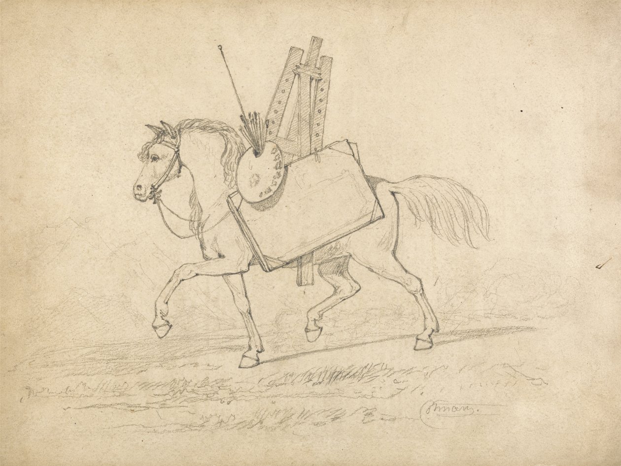 En hest fyldt med kunstnerens udstyr, der går til venstre (grafit på papir) af John Sell Cotman
