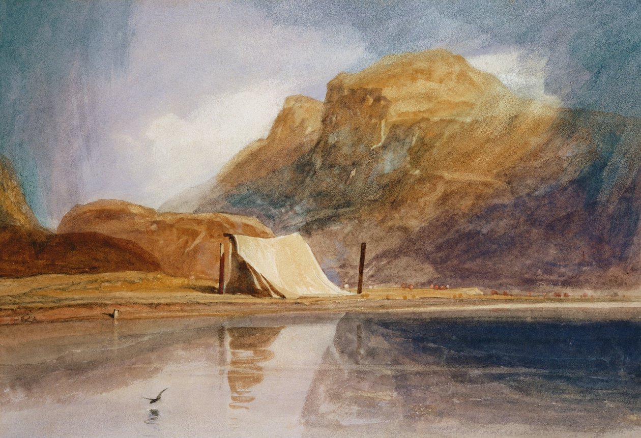En bjergrig sø med et telt opslået ved bredden af John Sell Cotman