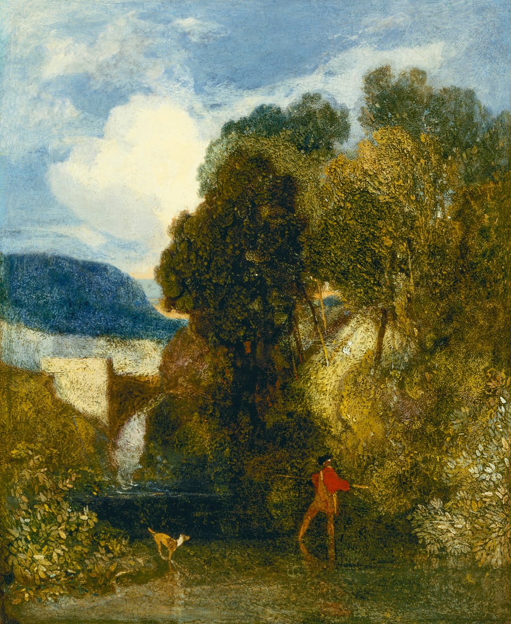 Et flodlandskab med en lystfisker og hans hund (olie på lærred) af John Sell Cotman