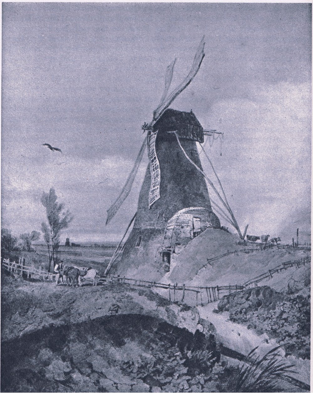 En vindmølle i Lincolnshire (farve litho) af John Sell Cotman