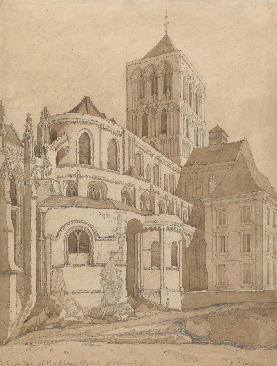 Abbey Church i Fecamp, Normandiet, ca. 1817-20 (grafit & brun vask på papir) af John Sell Cotman
