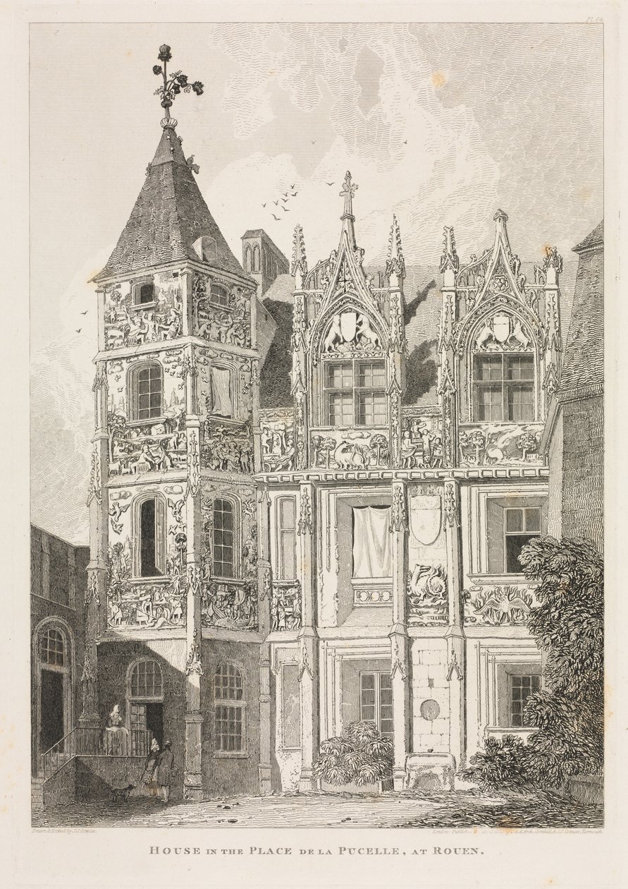 Architectural Antiquities of Normandy Vol. II, Pl. 64: Hus på Place de la Pucelle i Rouen, af John Sell Cotman