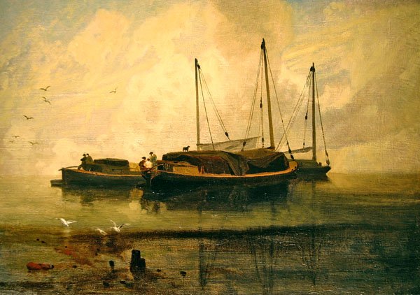 Boats at Anchor, Bladon Water, Norfolk (olie på lærred) af John Sell Cotman