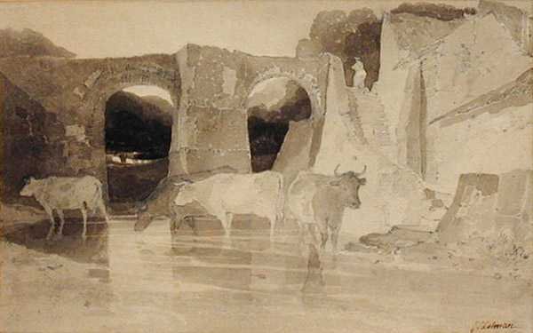 Bro og køer (pen og blæk og vask på papir) af John Sell Cotman