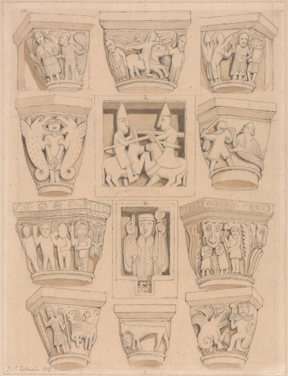 Hovedstæder og A & B Bas-relieffer i Abbey Church of Saint Georges de Bocherville, nær Rouen, Normandiet af John Sell Cotman