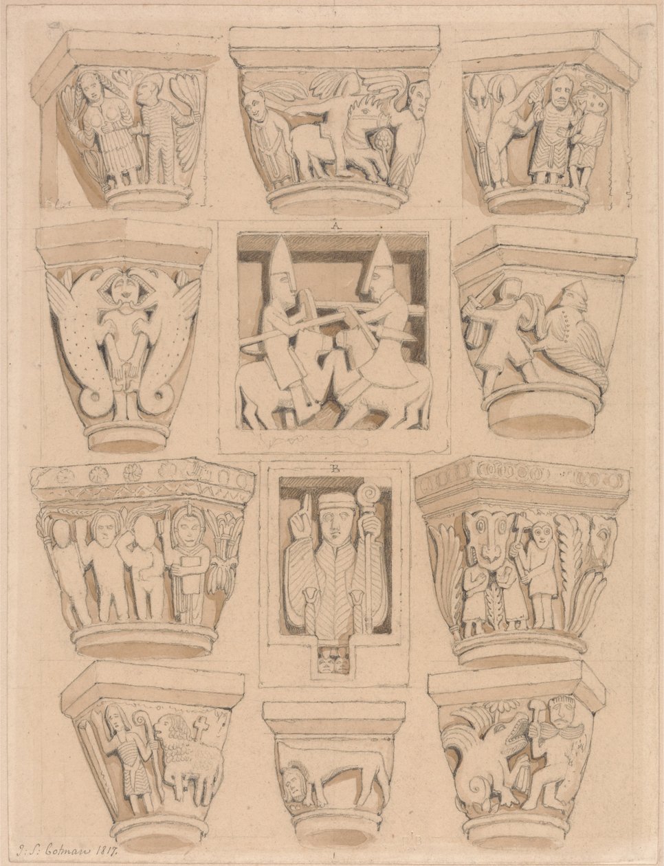 Kapitæler og A amp; B Bas-Reliefs i klosterkirken Saint Georges de Bocherville, nær Rouen, Normandiet af John Sell Cotman