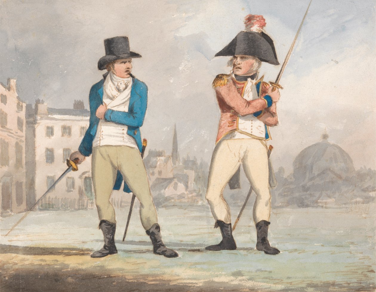 Karikatur af to mænd med trukne sværd (en af et sæt på tre) af John Sell Cotman