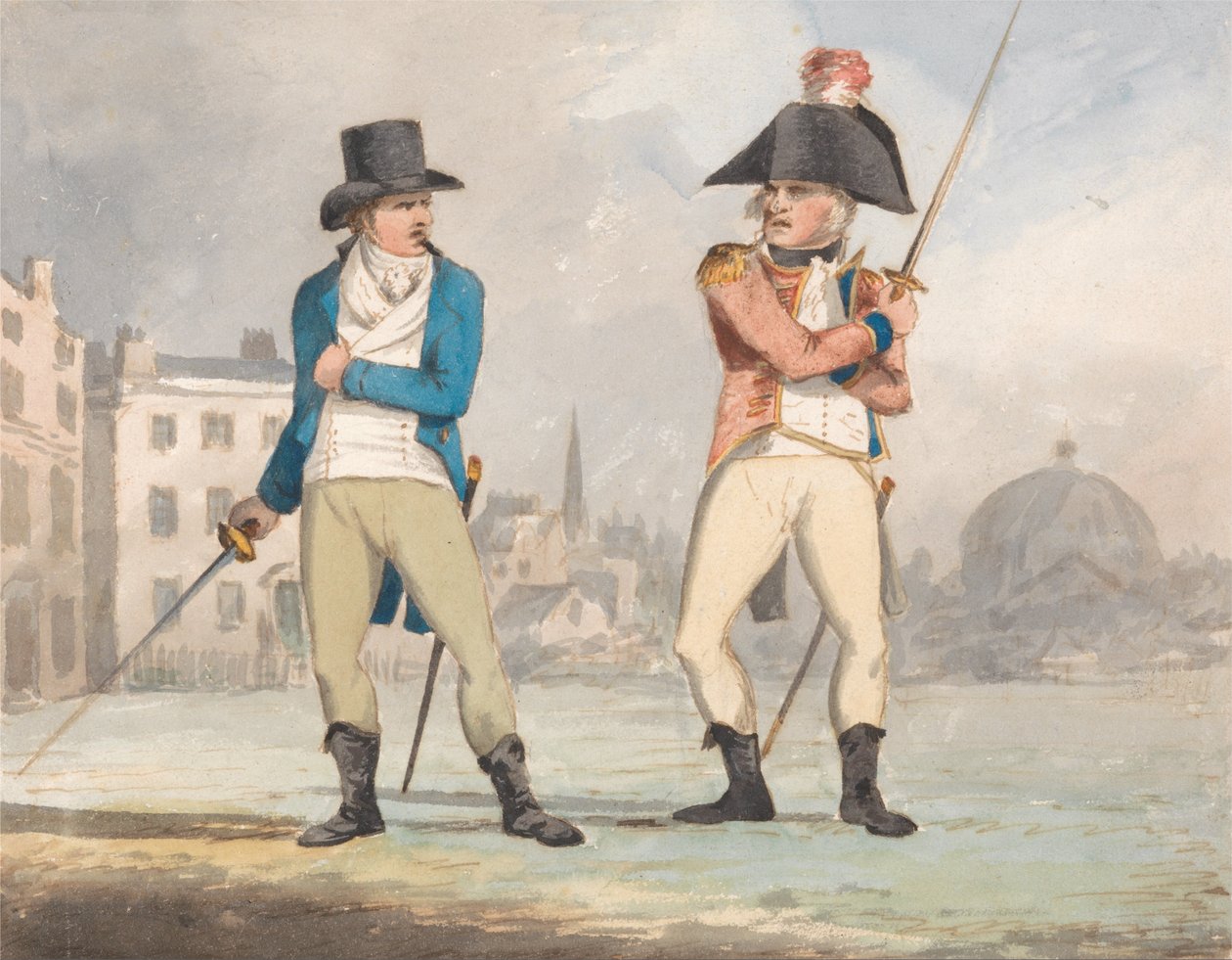 Karikatur af to mænd med trukne sværd (en af et sæt på tre) af John Sell Cotman