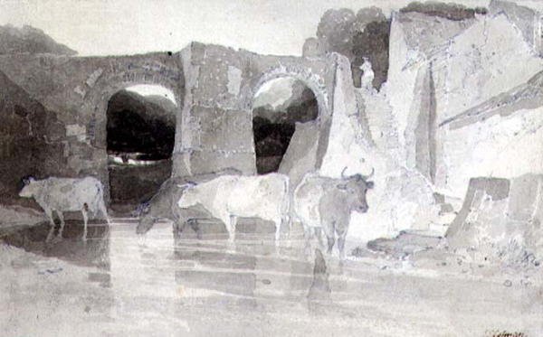 Kvæg i en flod (pen & blæk og vask) på papir af John Sell Cotman