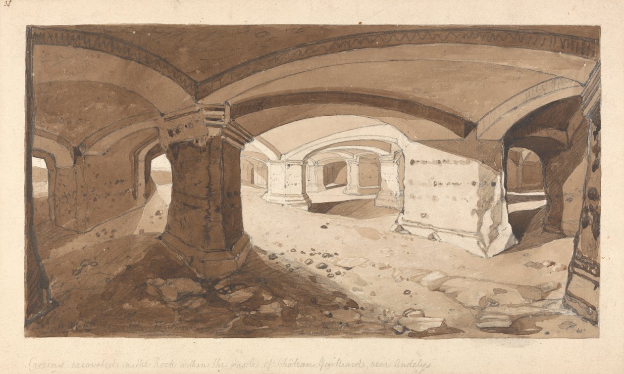 Huler udgravet i klippen inden for slottet Chateau Gaillard, nær Andelys, Normandiet af John Sell Cotman