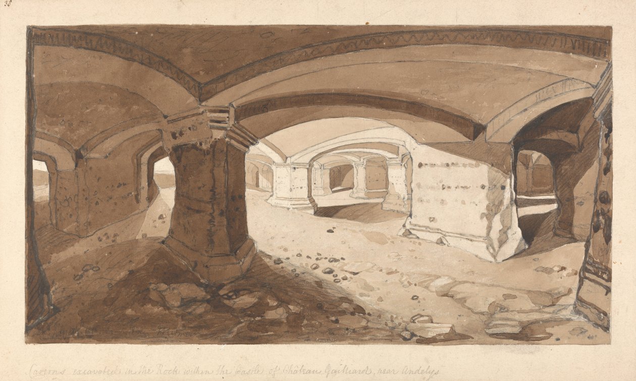 Huler udgravet i klippen inden for slottet Chateau Gaillard, nær Andelys, Normandiet af John Sell Cotman