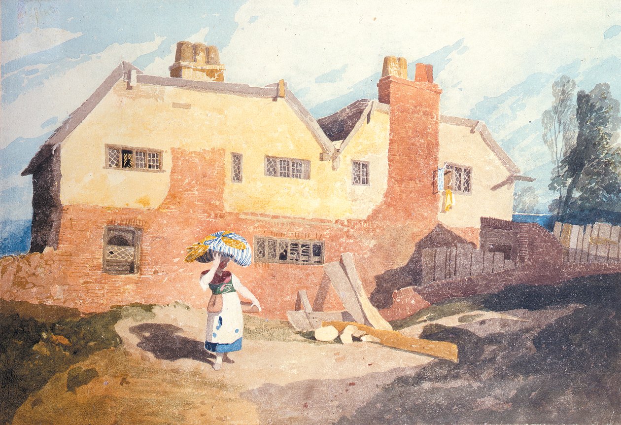 Sommerhuse med en vaskekone (Elm Hill, Norwich) ca. 1808-9 af John Sell Cotman
