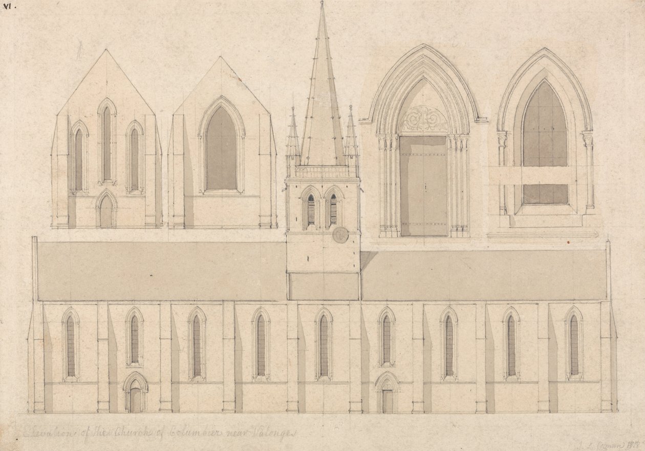 Elevation af kirken i Columbiers, nær Valognes, Normandiet af John Sell Cotman