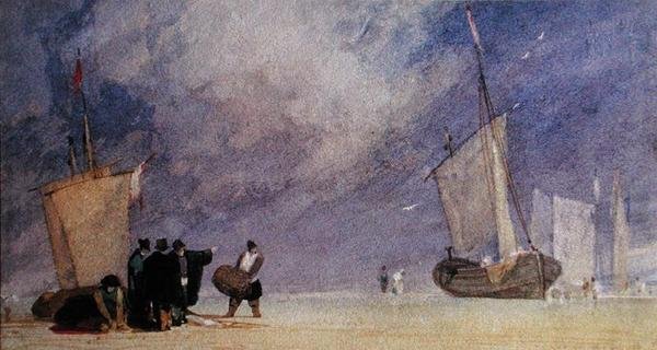 Figurer af kysten, der losser en båd ved lavvande (pen & brunt blæk og akvarel på papir) af John Sell Cotman