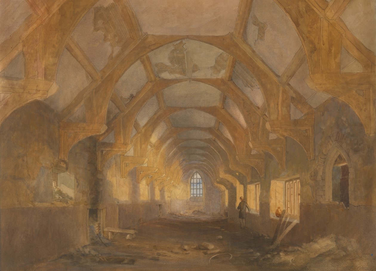 Interiør af en sovesal på Ipswich Blackfriars i slutningen af den periode, hvor den var beboet af Ipswich School af John Sell Cotman