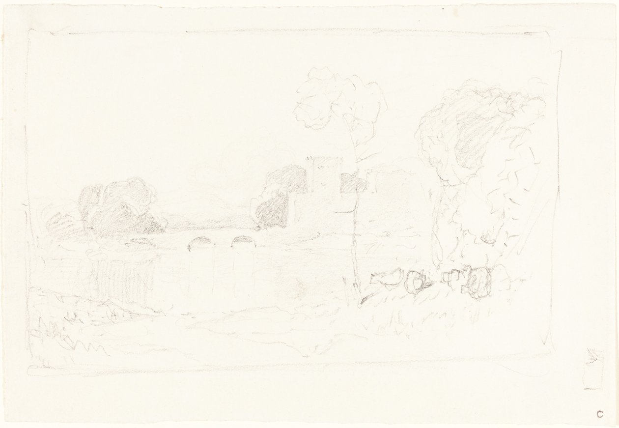 Landskabsskitse med bro og slot af John Sell Cotman