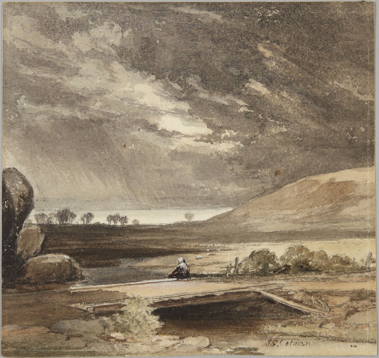 Landskab med stormfulde skyer og bro af John Sell Cotman