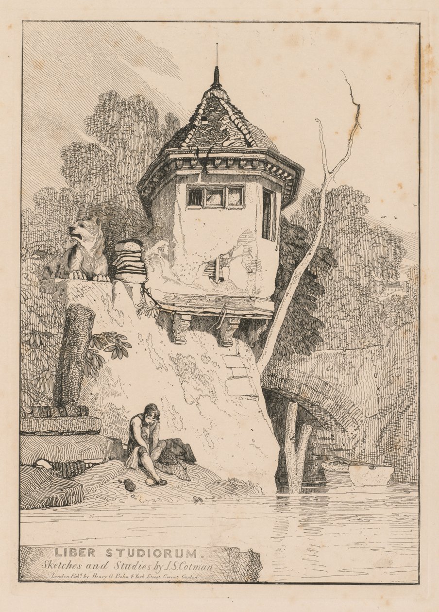 Liber Studiorum; Frontispice, udsigt over et havehus på bredden af floden Yare af John Sell Cotman