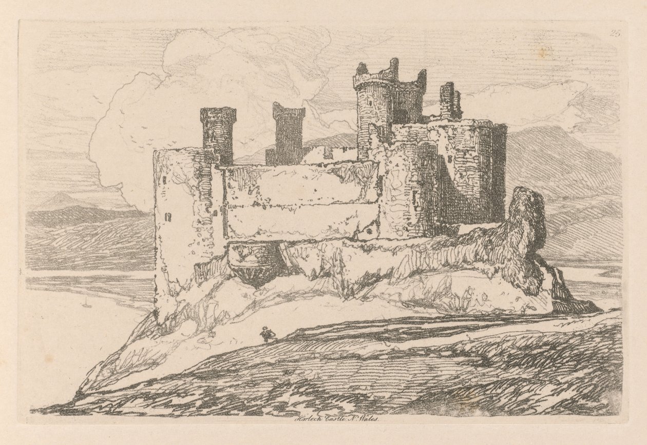 Liber Studiorum: Plade 25, Harlech Castle, N. Wales, 1838 af John Sell Cotman