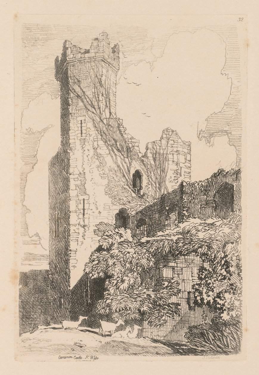 Studiebog: Plade 32, Caernarvon Castle, N. Wales af John Sell Cotman