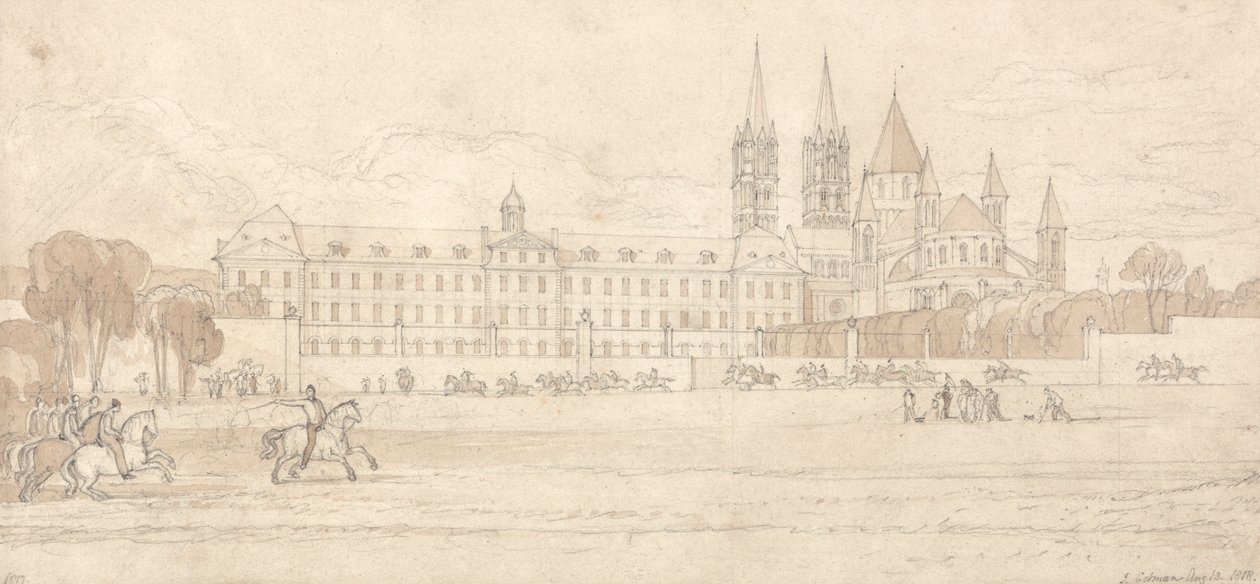Militærskole og Abbey Church of St Stephen i Caen af John Sell Cotman