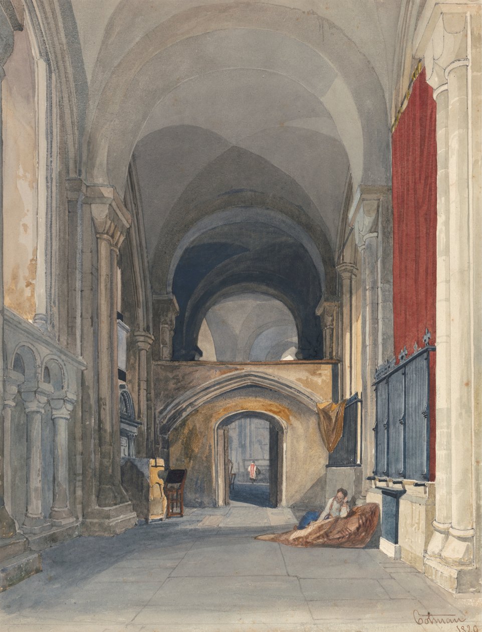 Norwich Cathedral: Interiør af korets nordlige sideskib, kigger mod øst af John Sell Cotman