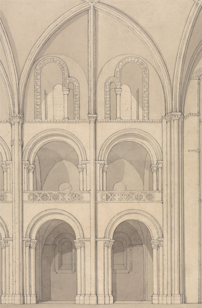 Perspektivisk opstalt af en del af Sankt Stefans klosterkirke i Caen, Normandiet af John Sell Cotman