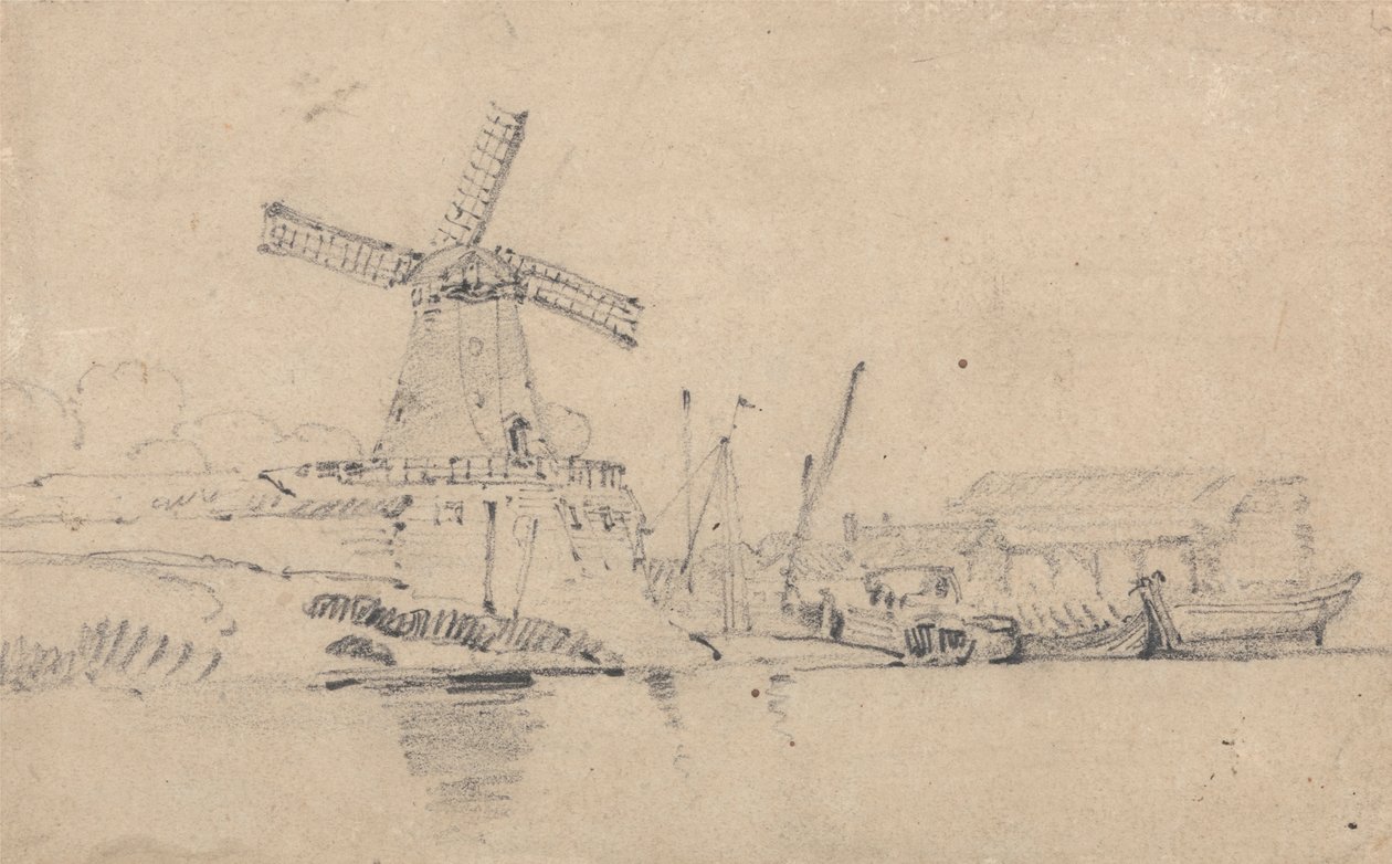 Flod og vindmølle af John Sell Cotman