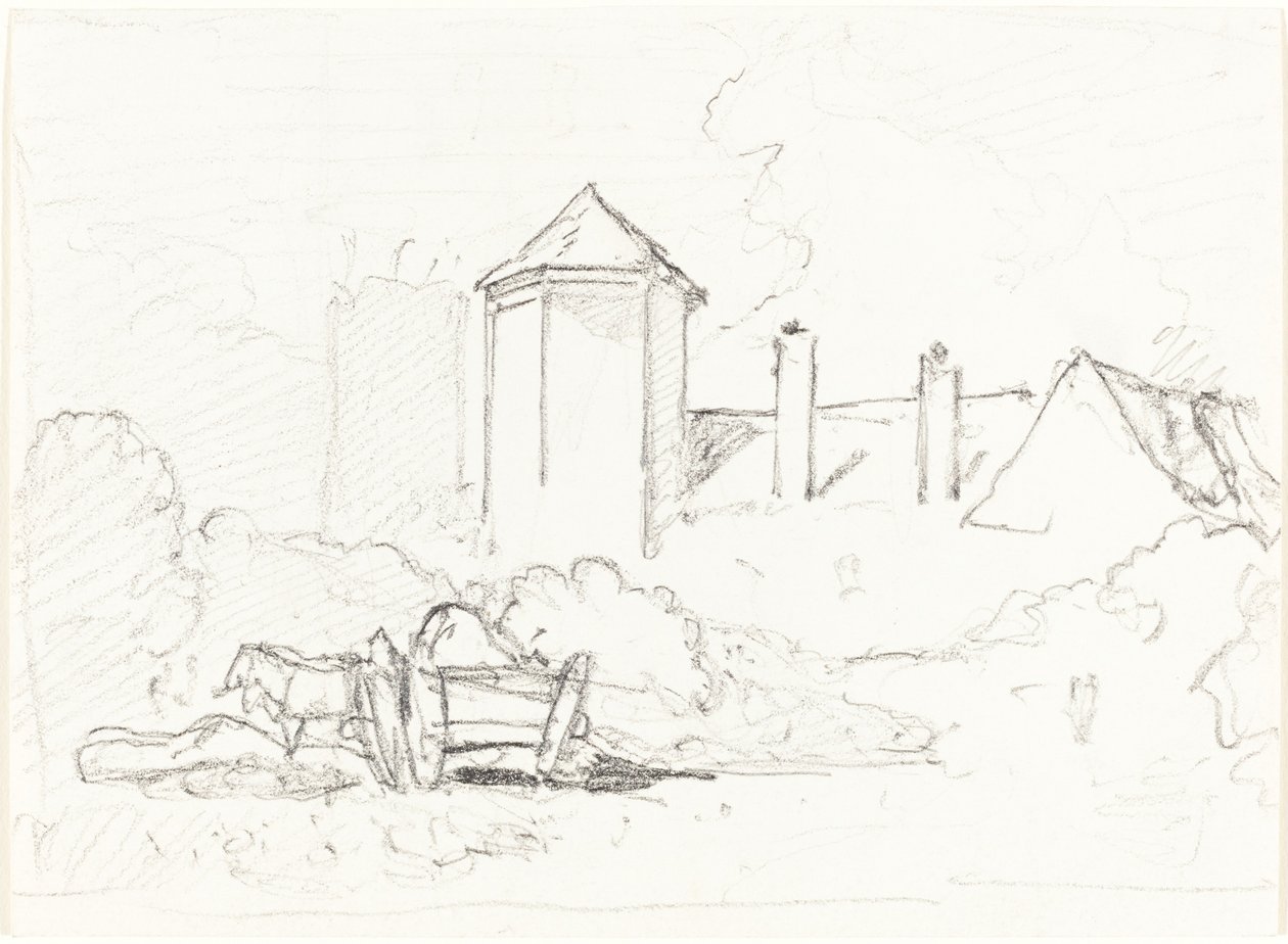 Skitse af bygninger med vogn og heste i forgrunden af John Sell Cotman