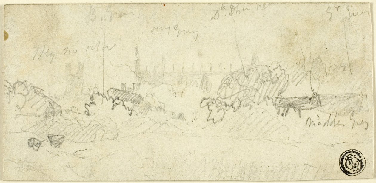 Skitse af landskab med katedral af John Sell Cotman
