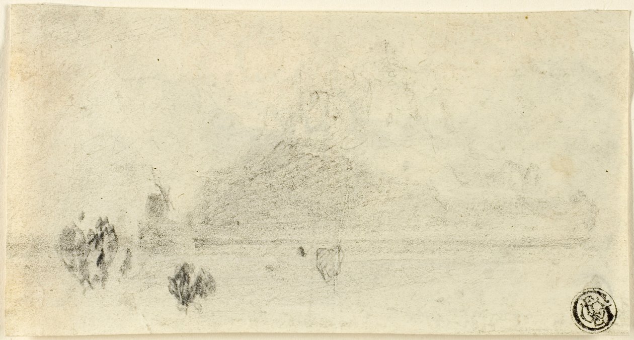 Skitse af Mont Saint Michel (recto); Bygninger ved siden af vand (verso) af John Sell Cotman