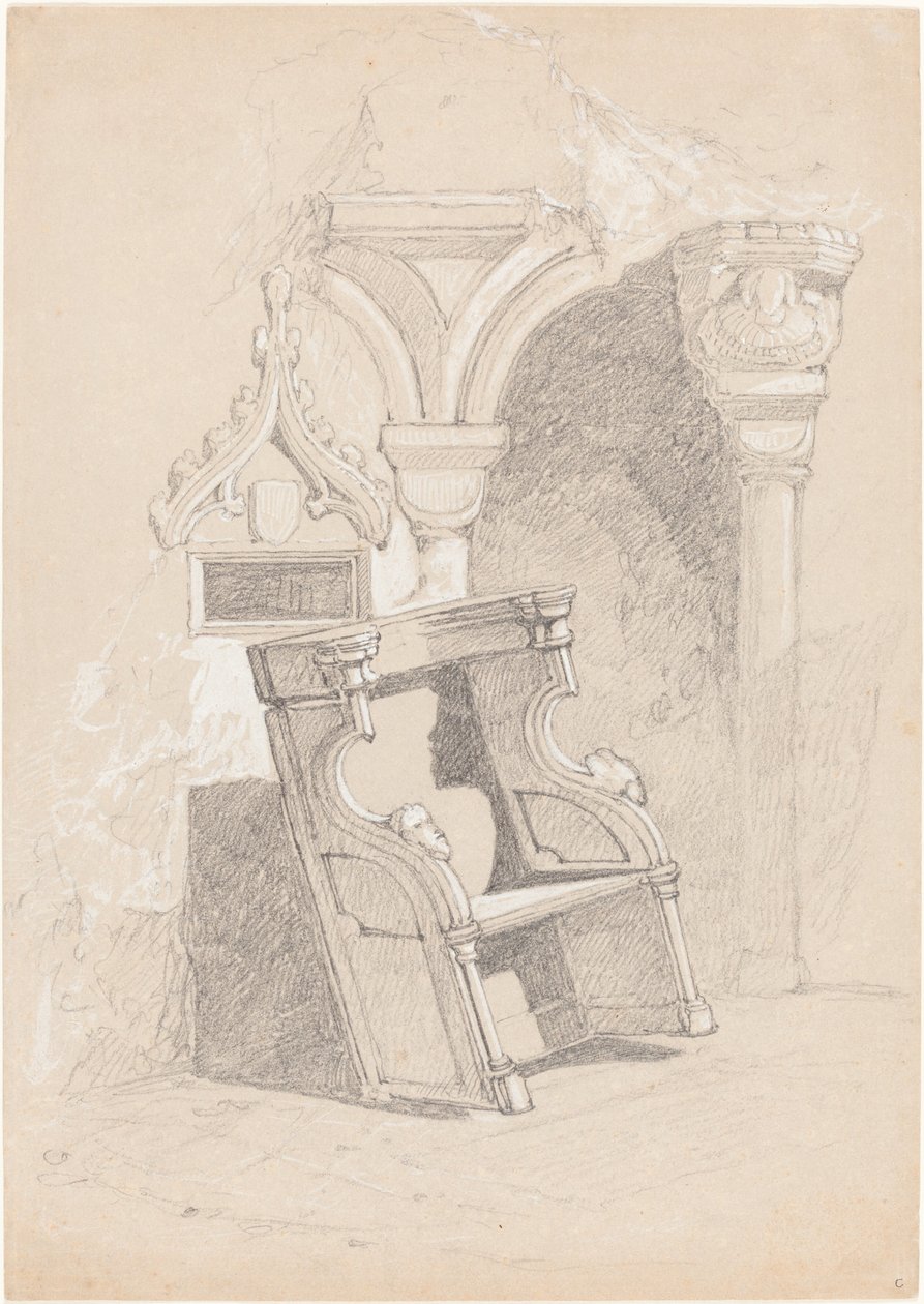 Skitse af ruineret kirkeinteriør med stol af John Sell Cotman