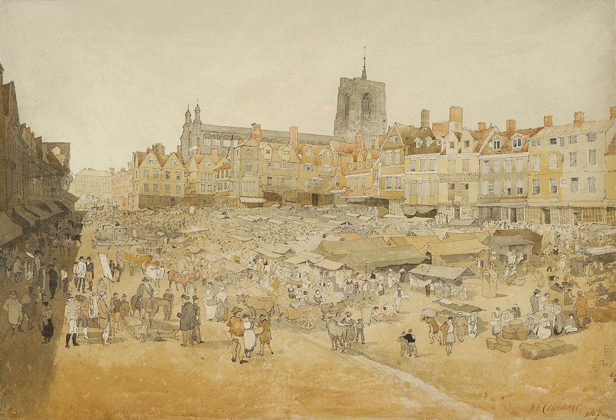 The Market Place, Norwich, taget fra Mr Coopers, 1807 af John Sell Cotman