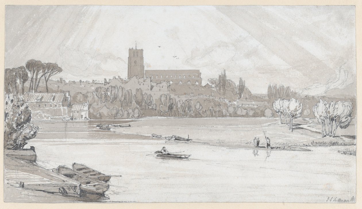 Byen Beccles set fra broen, Suffolk af John Sell Cotman